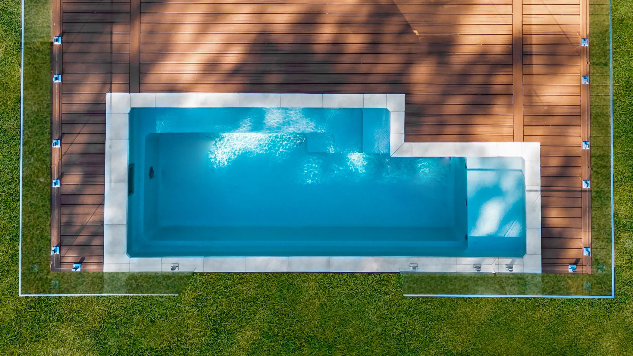 Aerial view of a plunge pool set into a timber deck